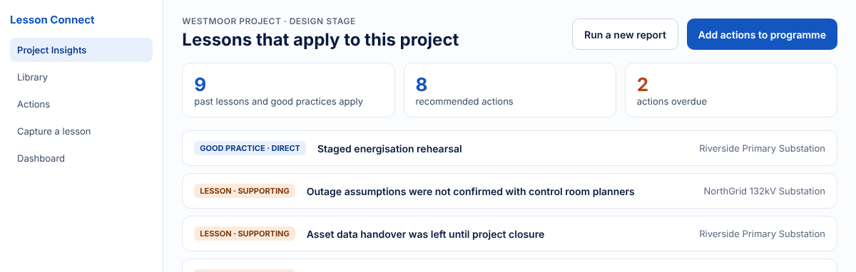 Lesson Connect showing the past lessons and actions that apply to a project at design stage